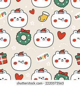 Seamless pattern of cute head polar bear in christmas concept background.New year winter.Sock,holly,gift box hand drawn.Animal character design.Kawaii.Vector.Illustration.