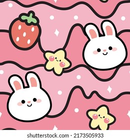 Seamless pattern of cute head rabbit with strawberry and star on pink background.Animals character design.Kawaii.Vector.Illustration.