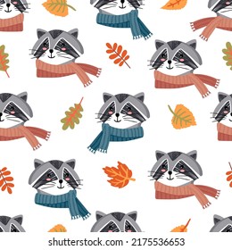 Seamless pattern with cute head of  raccoon with scarf.Animal colorful background for printing on fabric and paper.
Vector flat cartoon isolated illustration for design card,cover,poster,flyer.