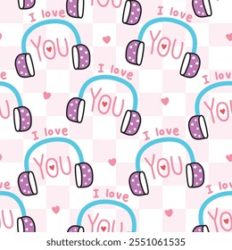 Seamless pattern of cute headphone music with I love you text background.Heart.Valentines day.Word.Hand writing.Isolated.Kawaii.Vector.Illlustration.