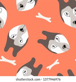 Seamless pattern with  cute heads of  husky dogs with bones on the pink background. Funny cartoon dogs repeat background for fabrics or wallpapers. 
