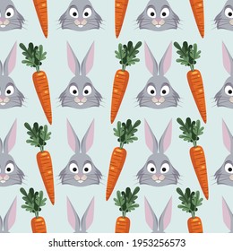 Patrón sin foco con cabezas lindas de conejos y zanahorias. Dibujo vectorial colorido con animales, comida. Antecedentes de la primavera.