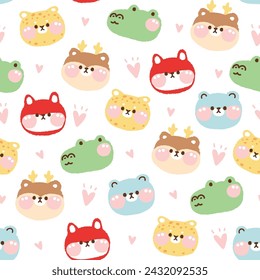 Seamless pattern of cute heart and face animal character cartoon design on white background.Tiger,crocodile,deer,fox,bear hand drawn.Kawaii.Vector.Illustration.