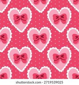 Padrão contínuo de rendas de coração bonito com arcos cor-de-rosa no fundo de ponto rosa. Perfeito para desenhos femininos, tecido, papel de embrulho, papel de parede, papelaria ou artesanato temático Valentine.