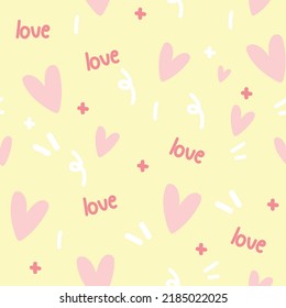 Seamless pattern of cute heart and love text on yellow background.Pastel color.Hand drawn.Repeat.Kawaii.Vector.Illustration.