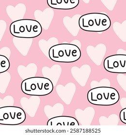 Seamless pattern of cute heart pastel pink background with love text word.Cartoon hand drawn.Valentine day.Kawaii.Vector.Illustration.