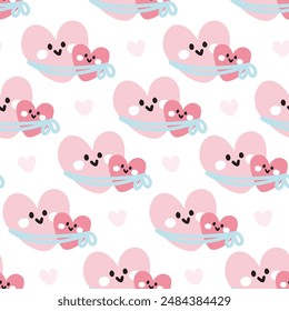 Seamless pattern of cute heart together on white background.Valentines day.Love.Cartoon hand drawn design.Kawaii.Vector.Illustration.