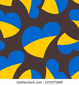 Seamless pattern with cute hearts in the colors of the Ukrainian flag on a black background. Vector.