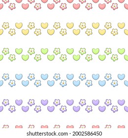 Seamless pattern with cute hearts and flowers in rainbow colors. Vector illustration isolated on white background.