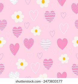 Patrón sin costura con corazones lindos y flores en el fondo rosa para su tela, papel de envoltura de regalo. Vector de fondo romántico