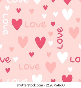 Seamless pattern cute hearts and love phrase