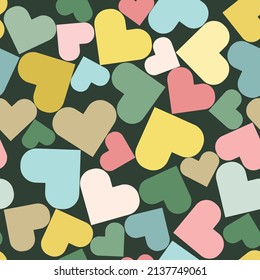 Seamless pattern of cute hearts on a dark background. Wallpaper for season decoration, wrapping paper, clothing prints. Vector illustration.
