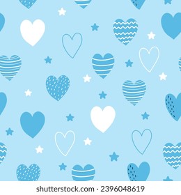 Seamless pattern with cute hearts on blue background for your fabric, gift wrap paper. Vector romantic background