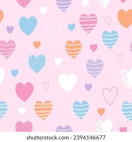 Seamless pattern with cute hearts on pink background for your fabric, gift wrap paper. Vector romantic background