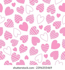 Seamless pattern with cute hearts on white background for your fabric, gift wrap paper. Vector romantic background