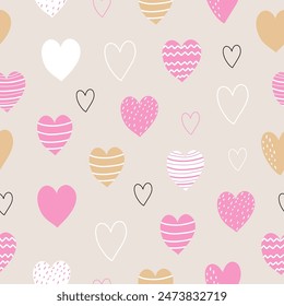 Seamless pattern with cute hearts on pink background for your fabric, gift wrap paper. Vector romantic background