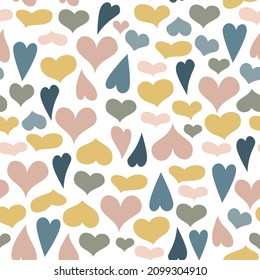 Seamless pattern of cute hearts of pastel colors on a white background. Wallpaper for season decoration, wrapping paper, clothing prints. Vector illustration.
