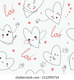 Seamless pattern with cute hearts. Vector illustration. Different emotions on the theme of love.