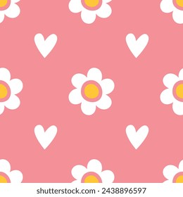 Seamless pattern with cute hearts and white daisies on pastel pink background. Naive childish style. Minimalist background for textile, baby clothes, wallpapers, greeting cards for St. Valentine's Day