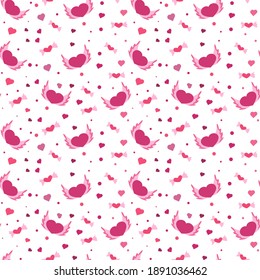 Seamless pattern cute hearts with wings. Valentine's day design. A bright pattern for the holiday of all lovers. Pink hearts.