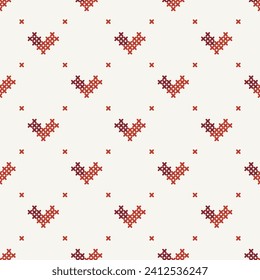 Seamless pattern cute heart-shaped cross stitch. Square cross embroidery tiny hearts. X cross template for love and Valentine's day. Vector for fashion design, fabric, card, textile, wallpaper, paper.