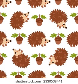 Seamless pattern with cute hedgehog and acorns. Pattern for kids textile.
