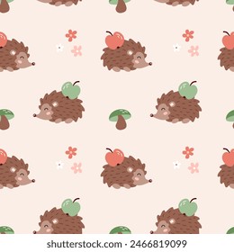 Seamless pattern with cute hedgehog with apple, mushroom and flower. Forest animal background for print, textile, wrapping paper, wallpaper, nursery. 