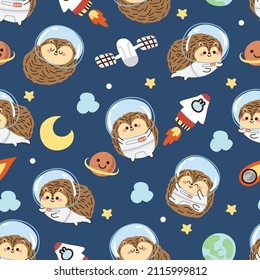 Seamless pattern of cute hedgehog in astronaut costume galaxy background.Space,star,earth,moon,rocket hand drawn.Animal cartoon character design.Image for card,baby cloth.Kawaii.Vector.Illustration.