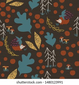 Seamless pattern with cute hedgehog in the autumn forest. Vector
