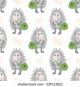 Seamless pattern with cute hedgehog with bag