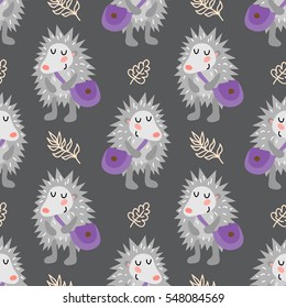 Seamless pattern with cute hedgehog with bag