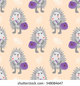 Seamless pattern with cute hedgehog with bag
