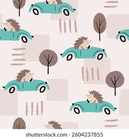 Seamless pattern with cute hedgehog in the car. Vector road illustration for kids
