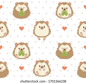 The seamless pattern of cute hedgehog with a clover leaf and heart in flat vector style. illustation of content about hedgehog or background, graphic, etc.