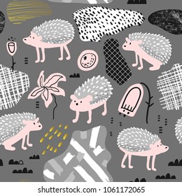 Seamless Pattern with Cute Hedgehog. Creative Hand Drawn Childish Animal Background for Fabric, Wallpaper, Decoration. Vector illustration