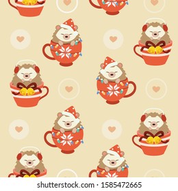 The seamless pattern of cute hedgehog in the cup with christmas theme set in flat vector style. Illustration about christmas and winter.