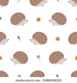 Seamless pattern with cute hedgehog. For fabric, wrapping, cards, textile, wallpaper, apparel. Isolated vector cartoon illustration in flat style on white background.