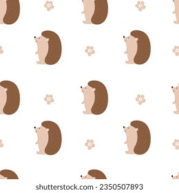 Seamless pattern with cute hedgehog and flowers. Perfect for wallpaper, gift paper, template fill, fabric