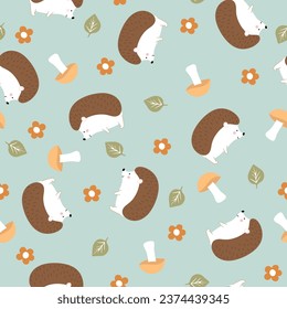 Seamless pattern with cute hedgehog, flowers, leaves and mushrooms. Perfect for wallpaper, gift paper, template fill, fabric