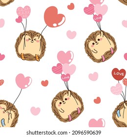 Nahtlose Muster süßer Hedgehog halten Herzballon auf weißem Hintergrund.Bild für Karte, Bekleidung, Stoff, Textilien, Dekoration, Verpackungsgeschenk.Valentinstag.Tierkartoon.Kawaii.Vector.Illustration.