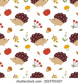 Seamless pattern with cute hedgehog, leaves and mushrooms. Autumn background for sewing children's clothing, printing on fabric and textiles.