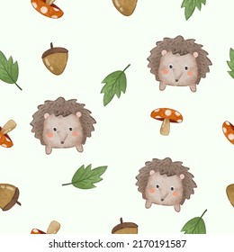 Seamless Pattern of Cute hedgehog and mushroom, oak and leaves, object element with watercolor painting in cartoon style, vector illustration