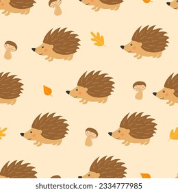 Seamless pattern with cute hedgehog, mushrooms and autumn leaves in cartoon style. Animals and plants in the forest. Vector illustration.