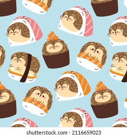 Nahtloses Muster süßer Hedgehog in Sushi-Kostümen auf blauem Hintergrund.Japanese food.Asia.Japan.Eating.Animal-Zeichentrickdesign.Kawaii.Vector.Illustration.