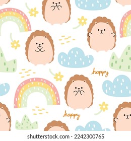 Seamless pattern of cute hedgehog in various poses  on white background.Pastel.Wild animal character design.Rainbow,cloud,flower hand drawn.Kawaii.Vector.Illustration.