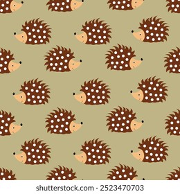 Seamless pattern with cute hedgehogs in beige and brown tones. Vector illustration for the design of prints and interiors in a cartoon children's style
