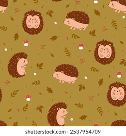 Seamless pattern of cute hedgehogs, berries, mushrooms and leaves. Vector graphics.