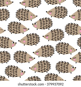 Seamless pattern with cute hedgehogs. Childish vector background with cartoon characters. Cute cartoon animal background. Child drawing style hedgehog illustration.