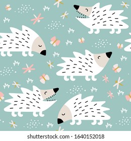 Seamless pattern with cute hedgehogs. Creative scandinavian children texture
