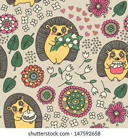 Seamless pattern with cute hedgehogs and flowers. Vector illustration.